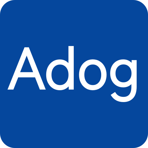 Logo Adog - Palavra Adog em branco com fundo quadrado em azul